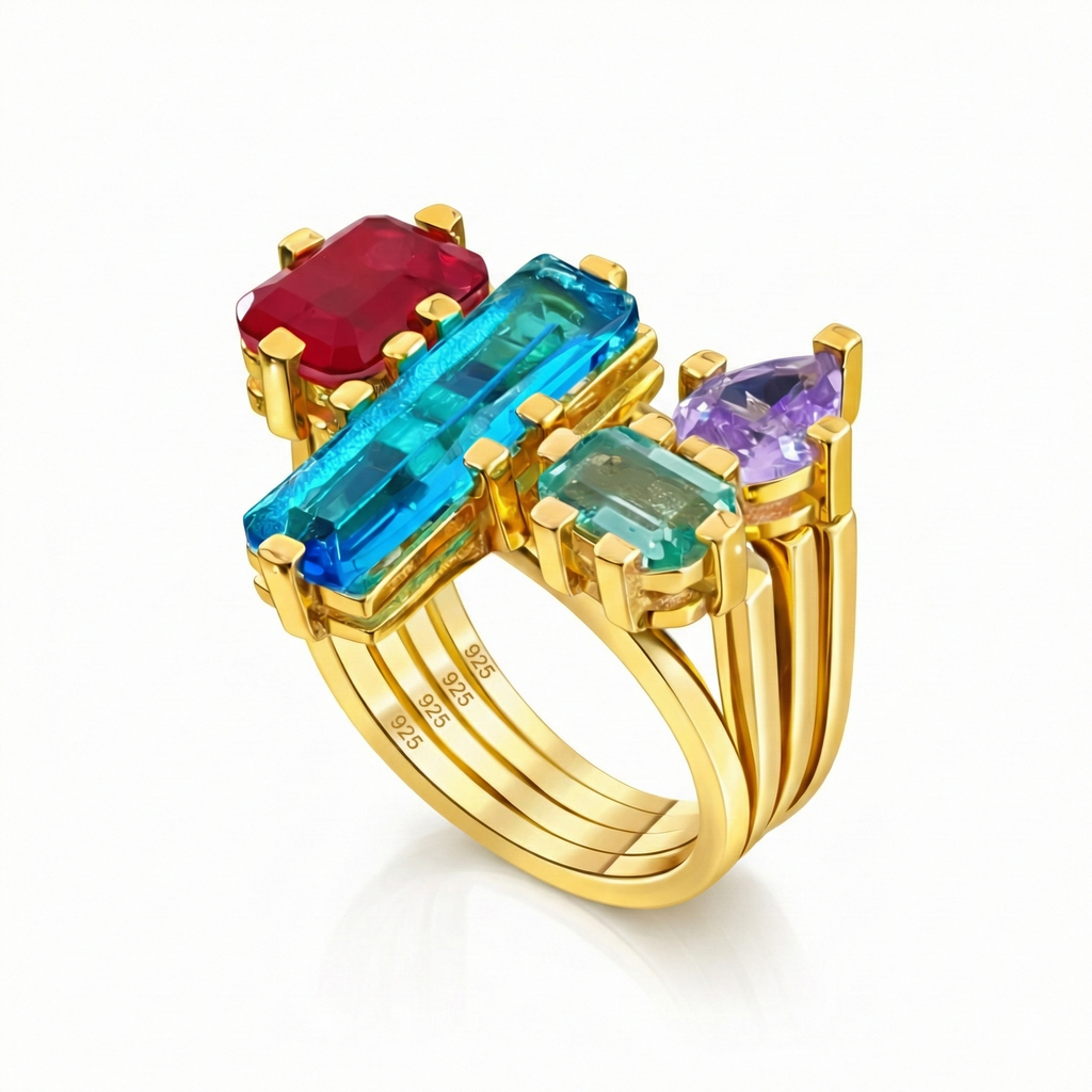 Celestia Damen Ring Set 925 Sterling Silber vergoldet 4-in-1 mit farbigen Edelsteinen Kombinierbar oder einzeln tragbares Schmuckstück