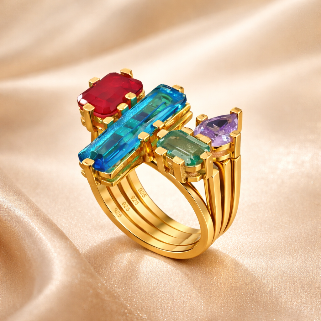 Celestia Damen Ring Set 925 Sterling Silber vergoldet 4-in-1 mit farbigen Edelsteinen Kombinierbar oder einzeln tragbares Schmuckstück