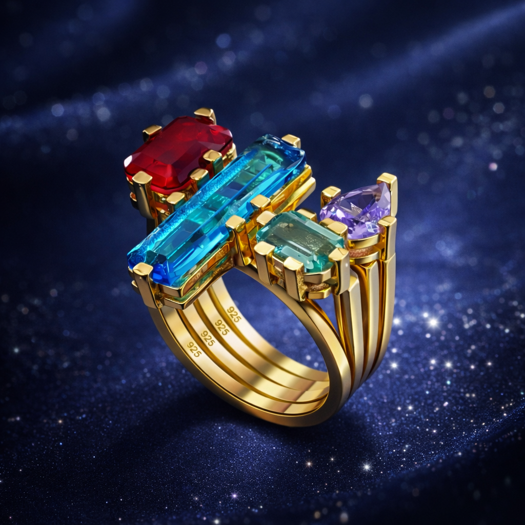 Celestia Damen Ring Set 925 Sterling Silber vergoldet 4-in-1 mit farbigen Edelsteinen Kombinierbar oder einzeln tragbares Schmuckstück