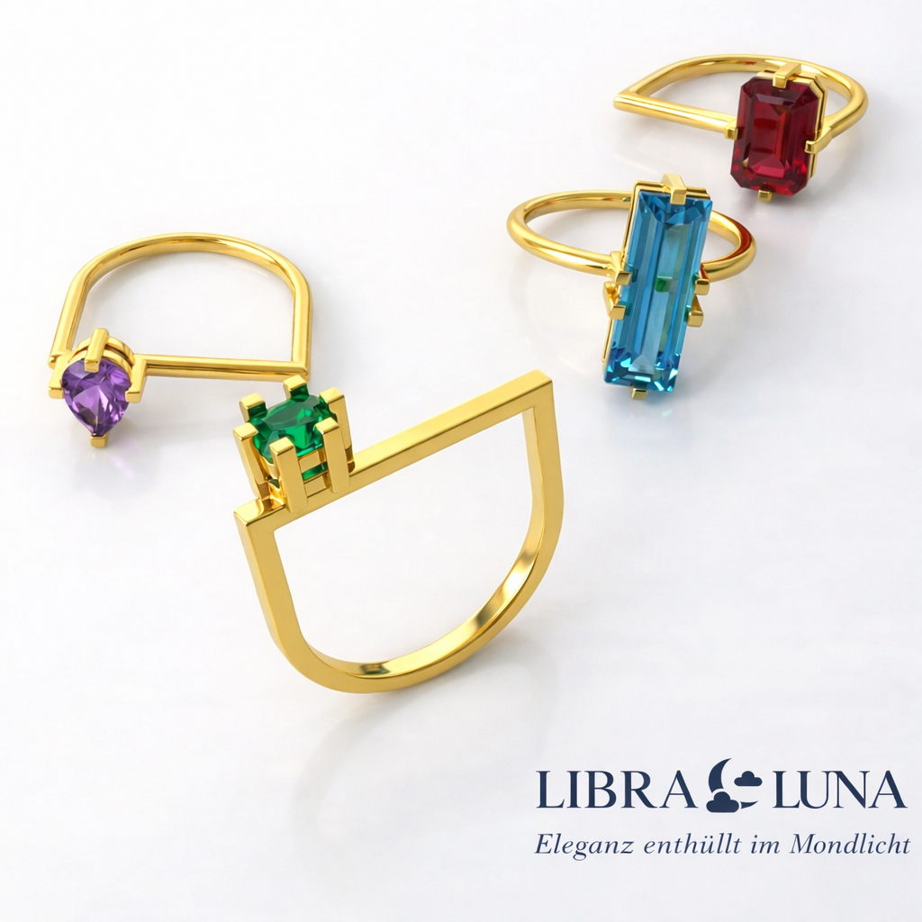 Celestia Damen Ring Set 925 Sterling Silber vergoldet 4-in-1 mit farbigen Edelsteinen Kombinierbar oder einzeln tragbares Schmuckstück