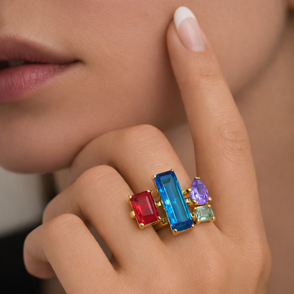 Celestia Damen Ring Set 925 Sterling Silber vergoldet 4-in-1 mit farbigen Edelsteinen Kombinierbar oder einzeln tragbares Schmuckstück