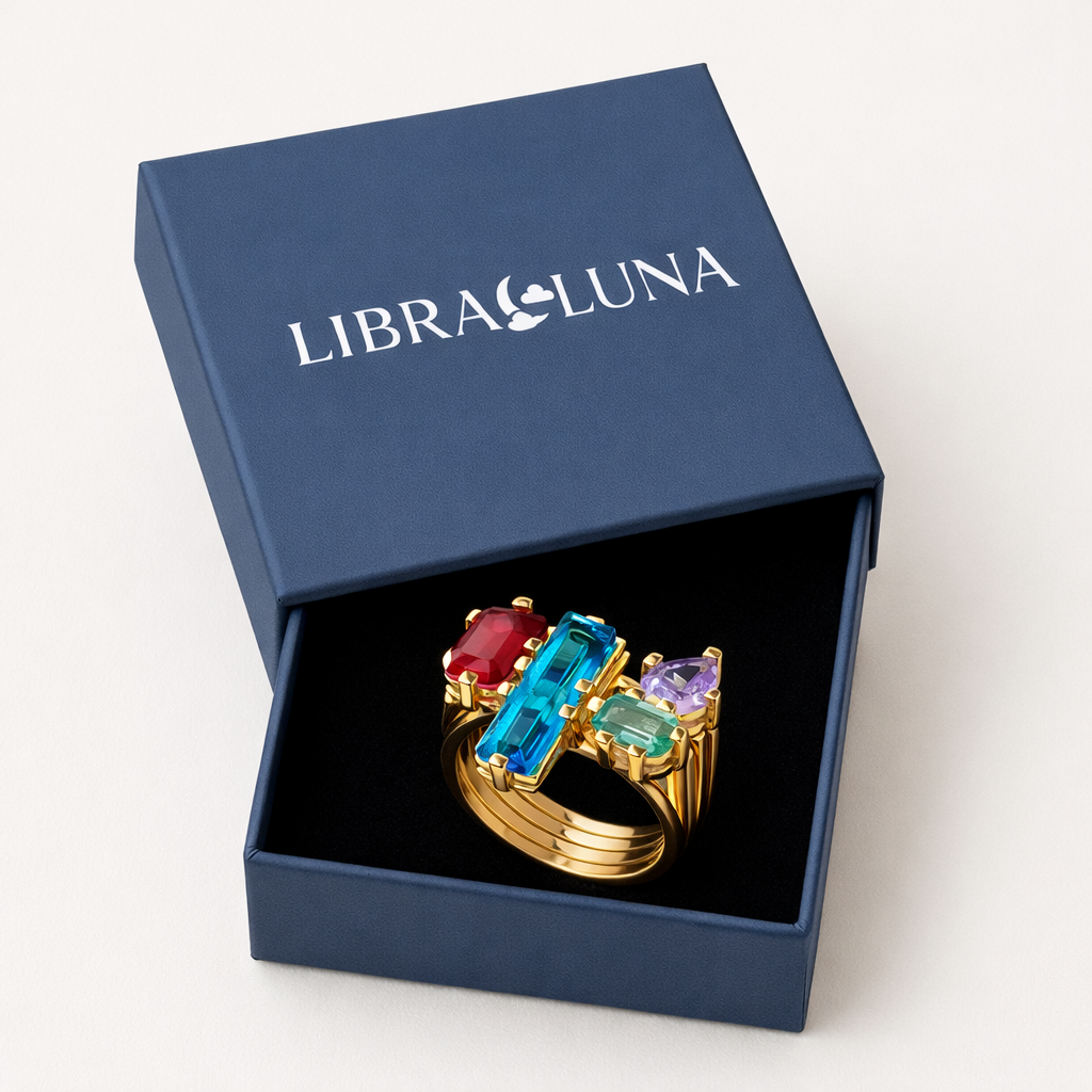 Celestia Damen Ring Set 925 Sterling Silber vergoldet 4-in-1 mit farbigen Edelsteinen Kombinierbar oder einzeln tragbares Schmuckstück