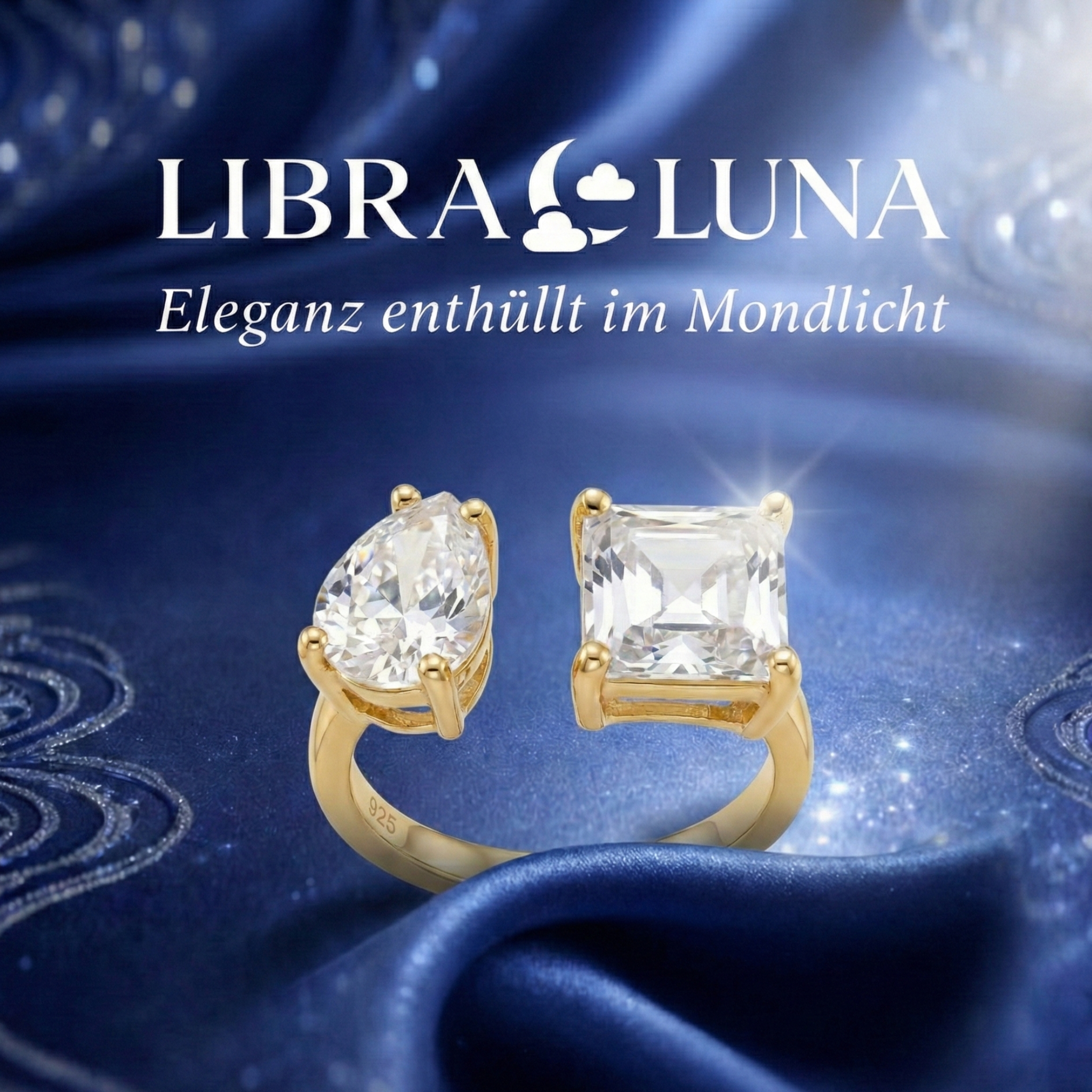 Elaris Ring 925 Sterling Silber vergoldet verstellbar offener Damenring mit Tropfen und quadratischem Design