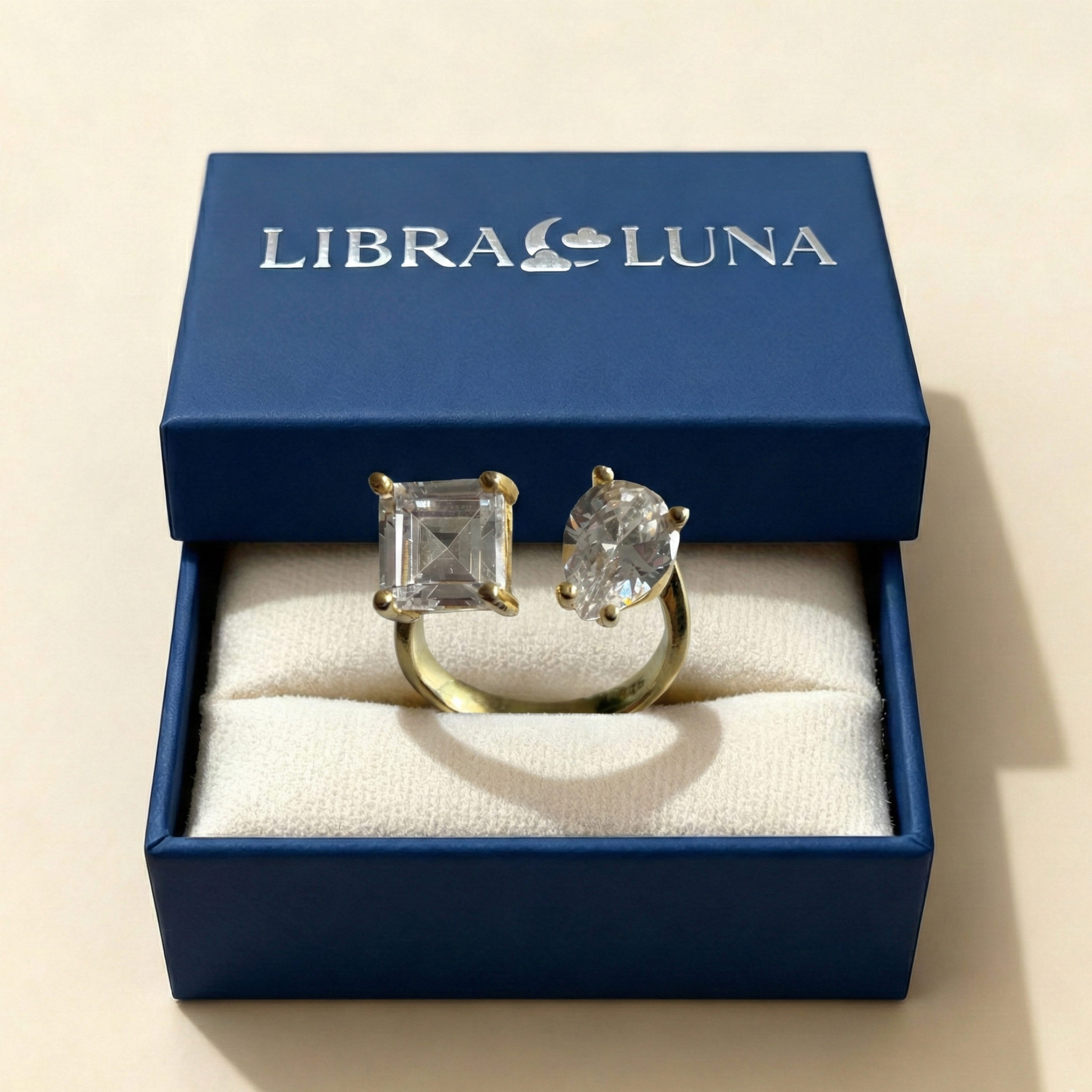 Elaris Ring 925 Sterling Silber vergoldet verstellbar offener Damenring mit Tropfen und quadratischem Design