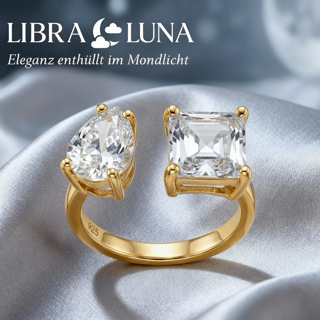 Elaris Ring 925 Sterling Silber vergoldet verstellbar offener Damenring mit Tropfen und quadratischem Design