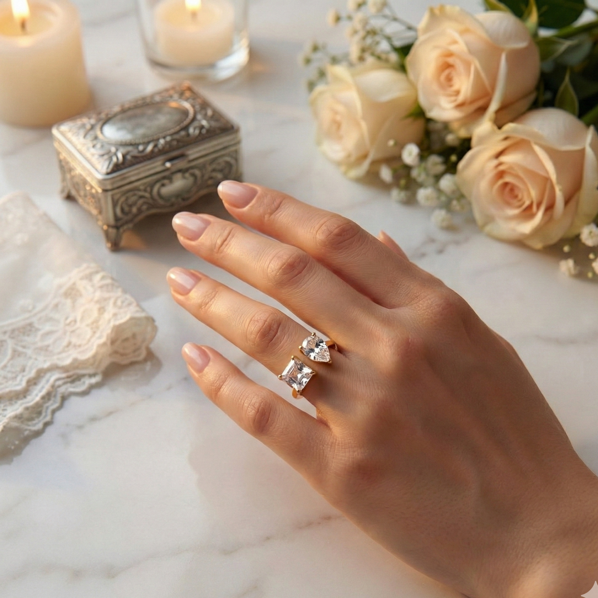 Elaris Ring 925 Sterling Silber vergoldet verstellbar offener Damenring mit Tropfen und quadratischem Design