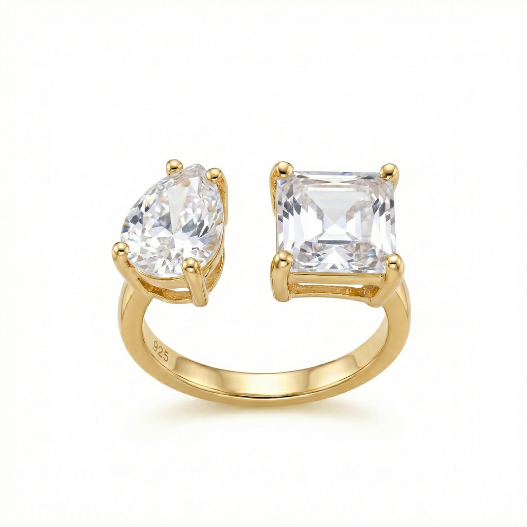 Elaris Ring 925 Sterling Silber vergoldet verstellbar offener Damenring mit Tropfen und quadratischem Design
