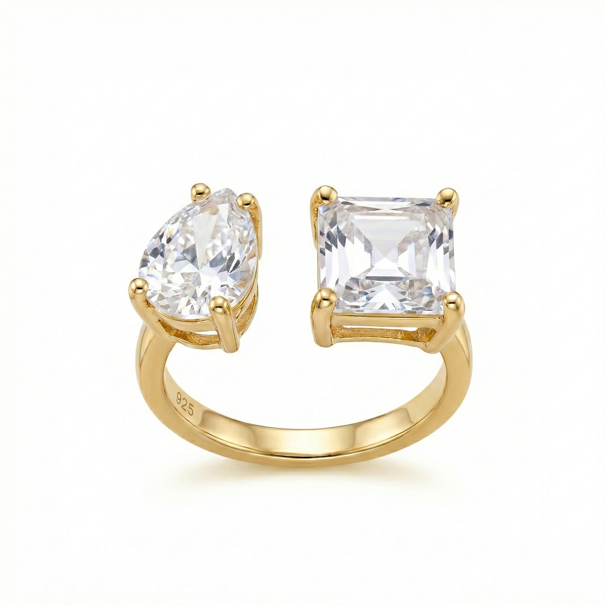 Elaris Ring 925 Sterling Silber vergoldet verstellbar offener Damenring mit Tropfen und quadratischem Design