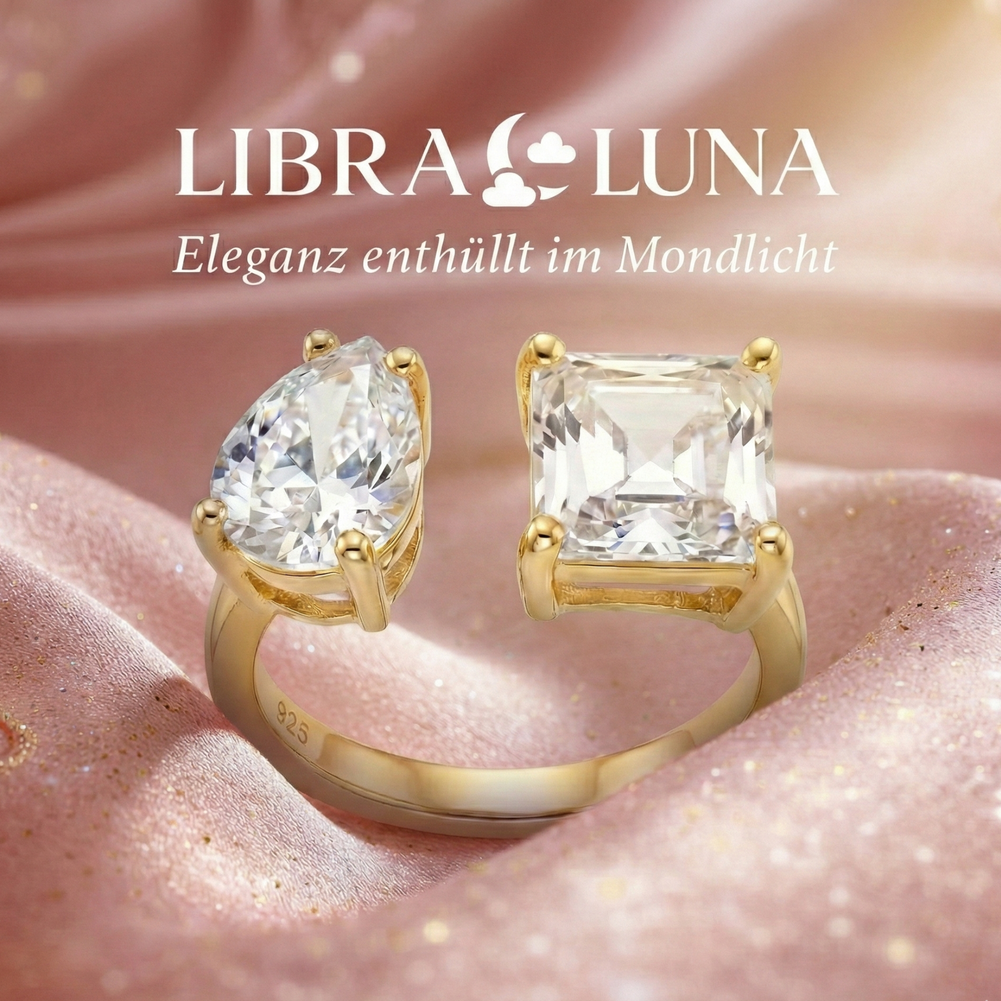 Elaris Ring 925 Sterling Silber vergoldet verstellbar offener Damenring mit Tropfen und quadratischem Design