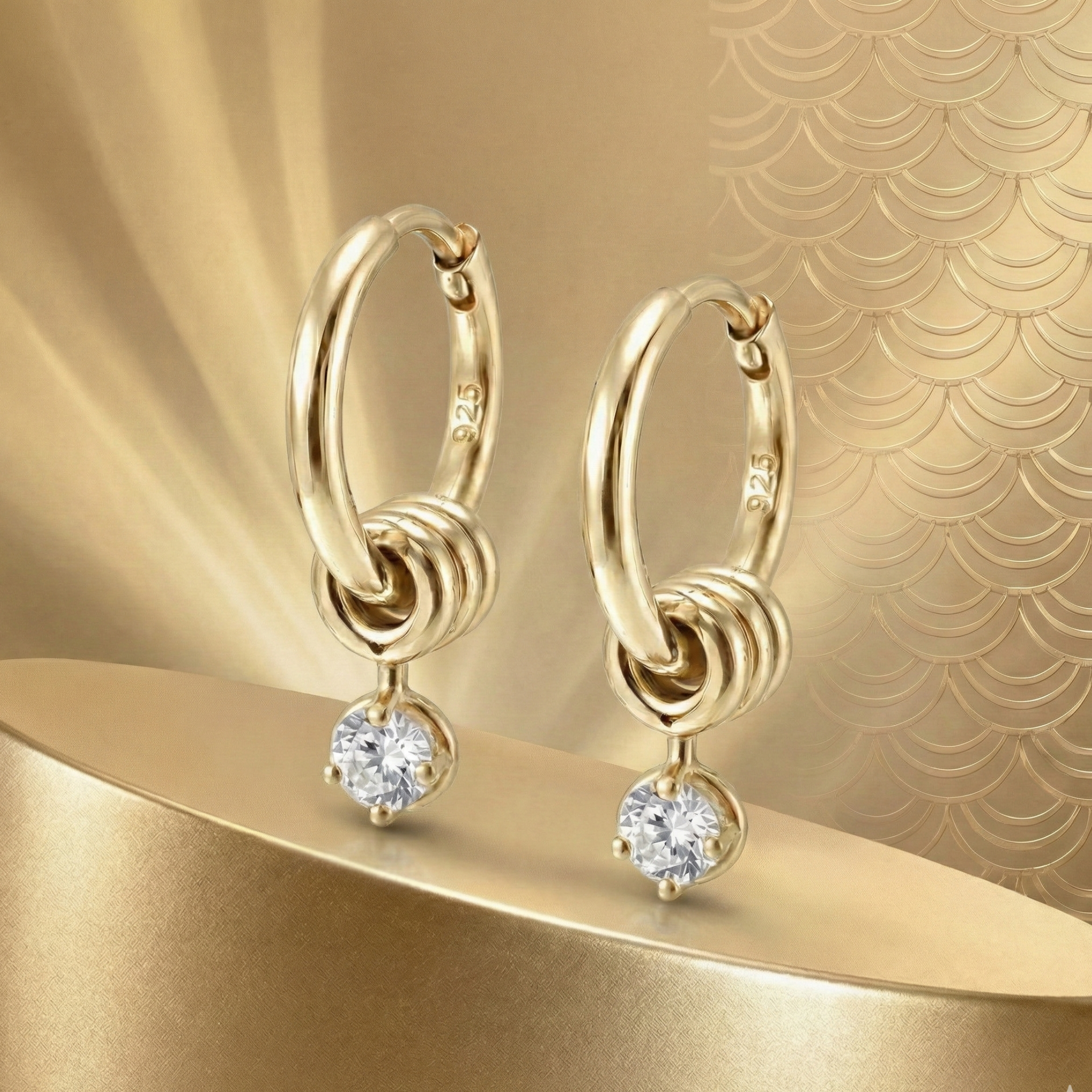 Nisara Creolen Ohrringe 925 Sterling Silber Vergoldet hängend mit Zirkonia Stein