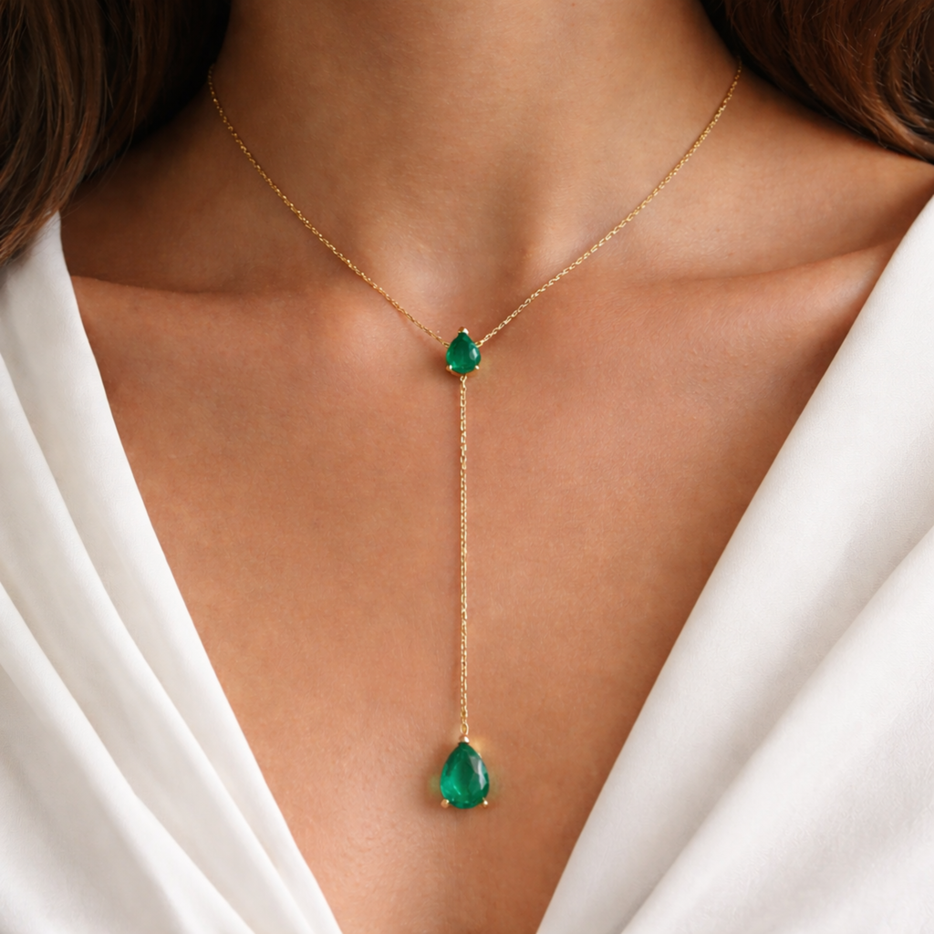 Selune verstellbare Y-Kette lang vergoldet 925 Sterling Silber Halskette Damen mit grünen Tropfsteinen