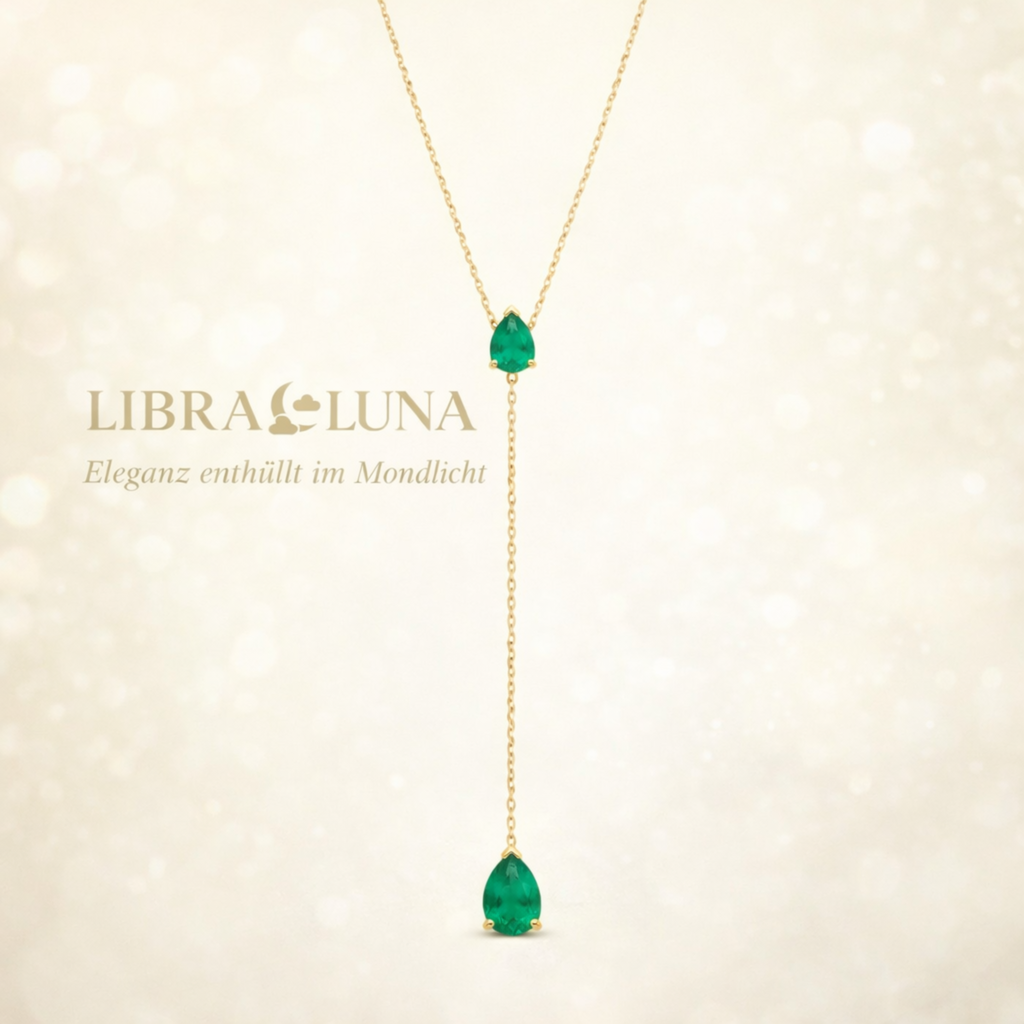 Selune verstellbare Y-Kette lang vergoldet 925 Sterling Silber Halskette Damen mit grünen Tropfsteinen