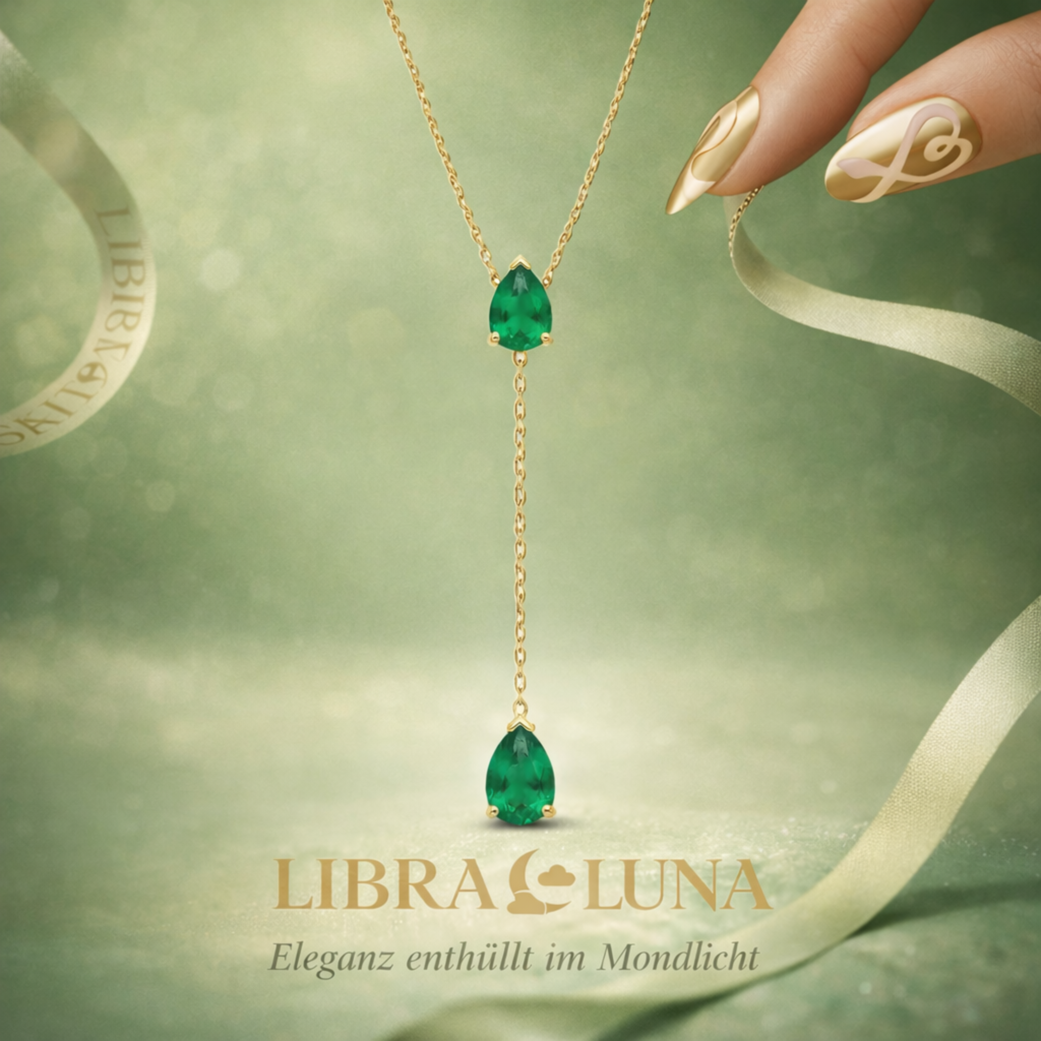 Selune verstellbare Y-Kette lang vergoldet 925 Sterling Silber Halskette Damen mit grünen Tropfsteinen