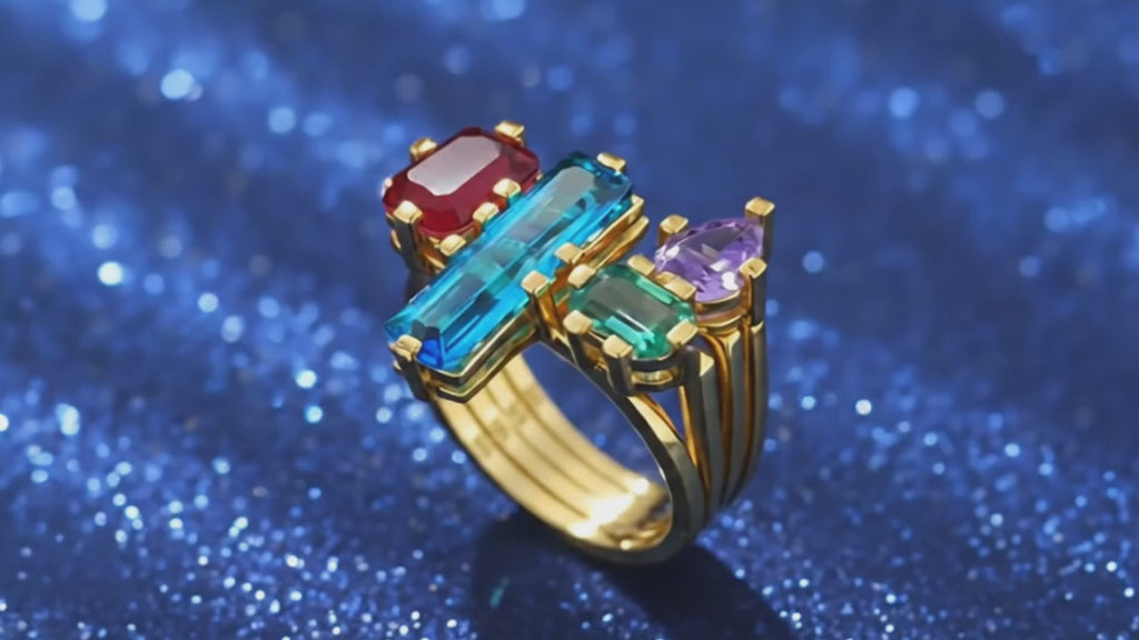 Celestia Damen Ring Set 925 Sterling Silber vergoldet 4-in-1 mit farbigen Edelsteinen Kombinierbar oder einzeln tragbares Schmuckstück